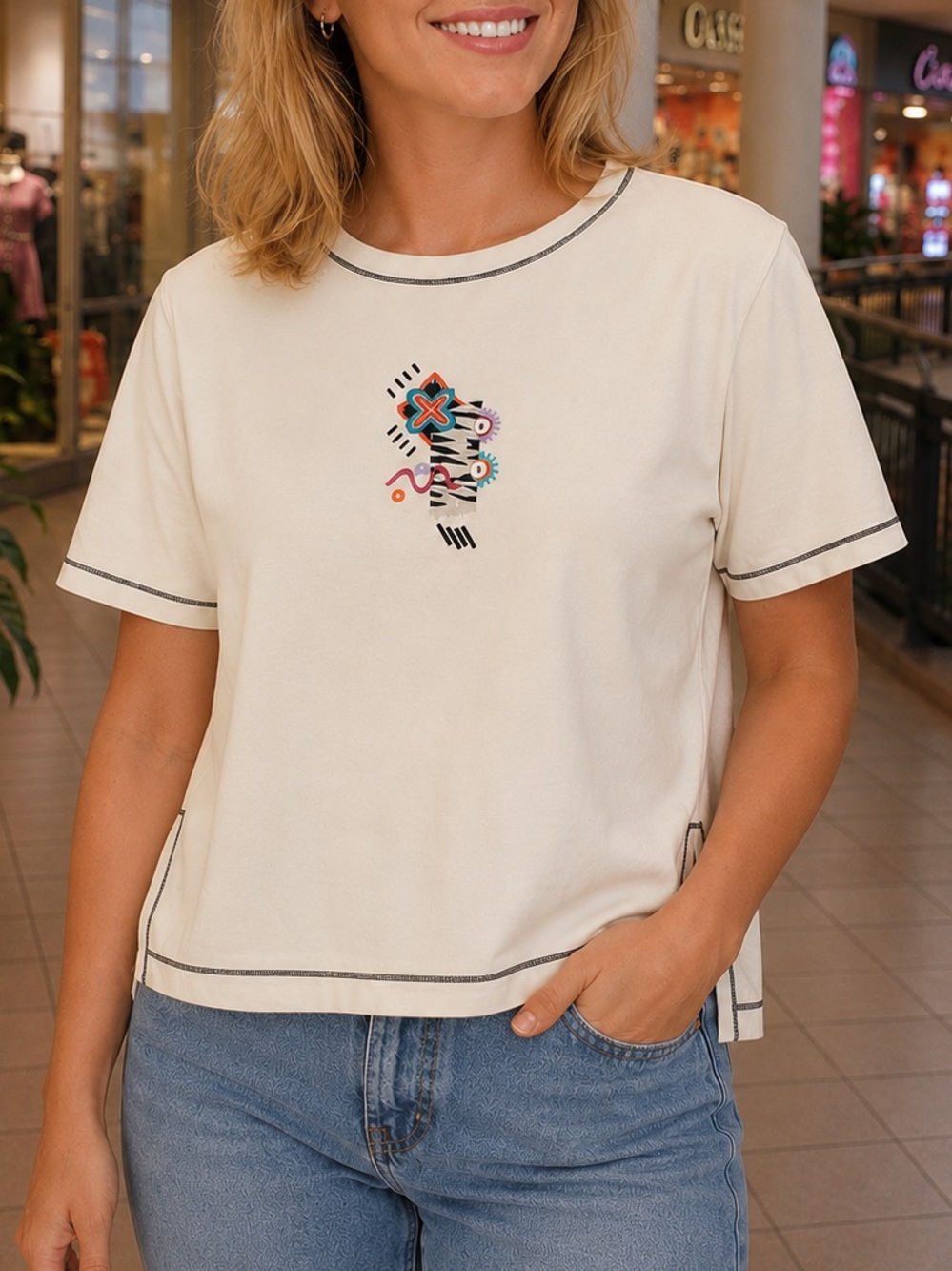 Vintage 90s Art Tee Blast Abstract Embroidered Graphic Tee | Y2K | Size L Boxy